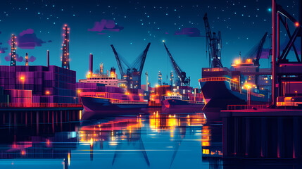 Obraz premium Industrial nighttime harbor scene port city photography urban close-up maritime economy. Dream Haven. Illustration