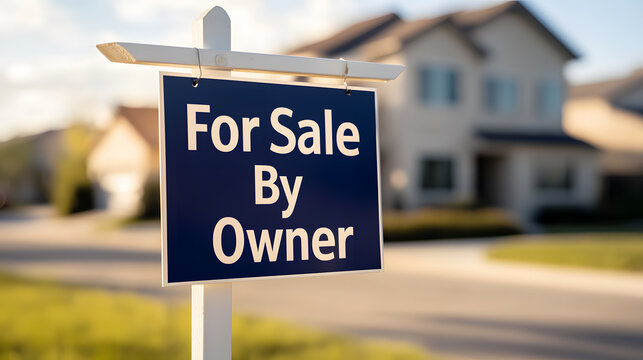 A 'For Sale By Owner' sign stands in front of a residential home, indicating a direct sale from the homeowner to a potential buyer, bypassing real estate agents.