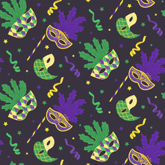 Fototapeta premium Colorful seamless pattern with carnival masks, feathers, ribbons, and stars in purple, green, and yellow tones on a dark background, symbolizing Mardi Gras theme. Vector hand drawn illustration