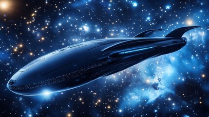 Obraz premium A futuristic spaceship fueled by dark matter, cruising through a cluster of distant stars