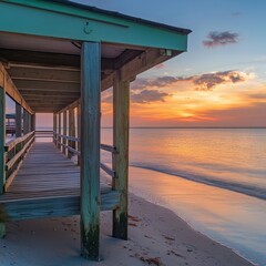 Beautiful sunset on the beach with wooden jetty and pavilion