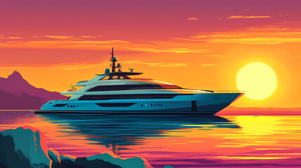 Luxury yacht at sunset. Dream Haven. Illustration