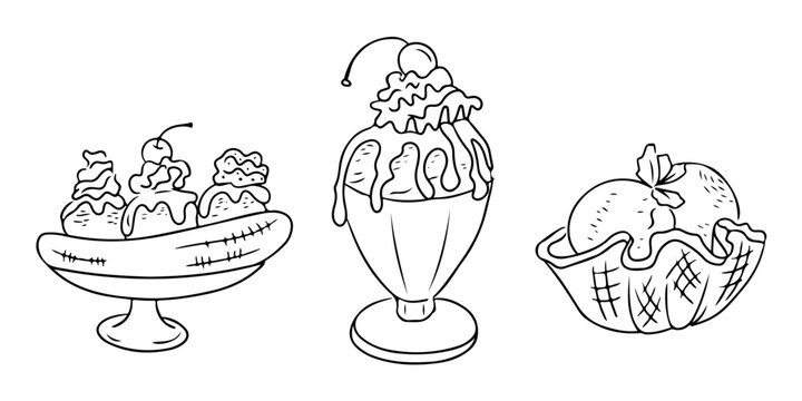 Hand drawn contour illustration of ice cream desserts, including a banana split, sundae with cherry topping, and waffle bowl with scoops. Vector line art composition isolated on white background