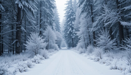 Obraz premium A tranquil winter scene showcases a snow-covered path winding through a dense forest. Tall trees heavy with snow create a picturesque and peaceful atmosphere