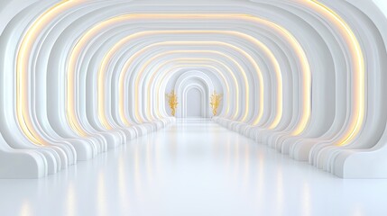 Obraz premium White archway corridor, glowing lights, elegant interior, modern design, background for product display
