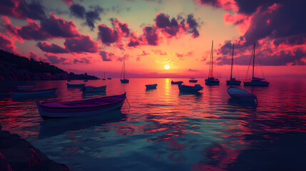 Serene sunset over a quiet harbor with boats gently swaying on calm waters coastal location photography peaceful environment captivating view. Dream Haven. Illustration