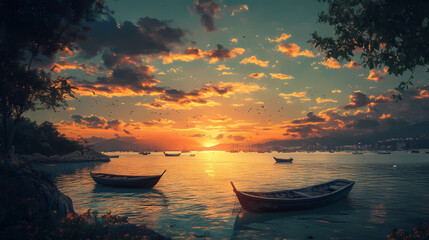 Serene sunset over a quiet harbor with boats gently swaying on calm waters coastal location photography peaceful environment captivating view. Dream Haven. Illustration