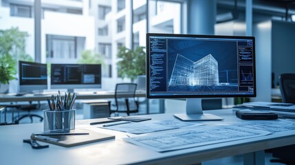 Modern Architectural Design on Computer Screen in Office