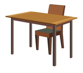 Wooden dining table with single chair, classic brown table with green seat, minimalist furniture design