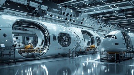 A futuristic spaceship manufacturing facility assembling advanced interstellar vessels