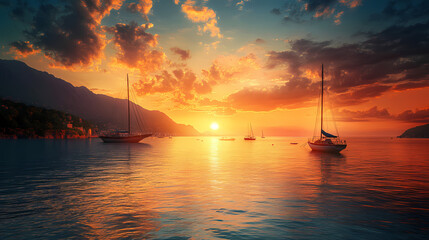 Serene sunset over a quiet harbor with boats gently swaying on calm waters coastal location photography peaceful environment captivating view. Dream Haven. Illustration