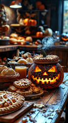 Fototapeta premium Spooky Halloween feast A glowing jackolantern centerpiece holds a warm apple pie, surrounded by other treats fall décor. Perfect for autumn, Thanksgiving, or Halloweenthemed projects.