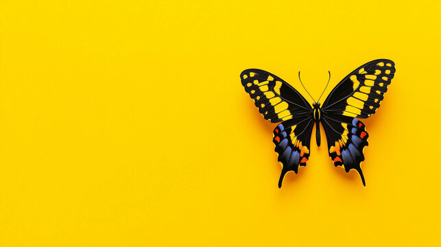 a black and yellow butterfly on a yellow background