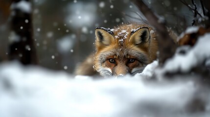 Obraz premium Fox in Winter, a detailed scene of a fox in a snowy landscape, showcasing its sharp features and vibrant fur against the white backdrop
