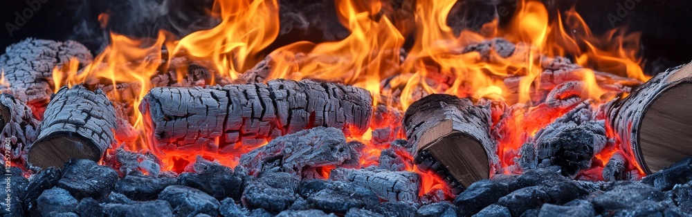 Poster bright flames burst forth, consuming dry wooden logs with intensity. the fiery display illuminates t