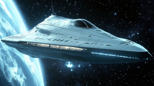 A futuristic warship with advanced energy shields patrolling the edge of a galaxy