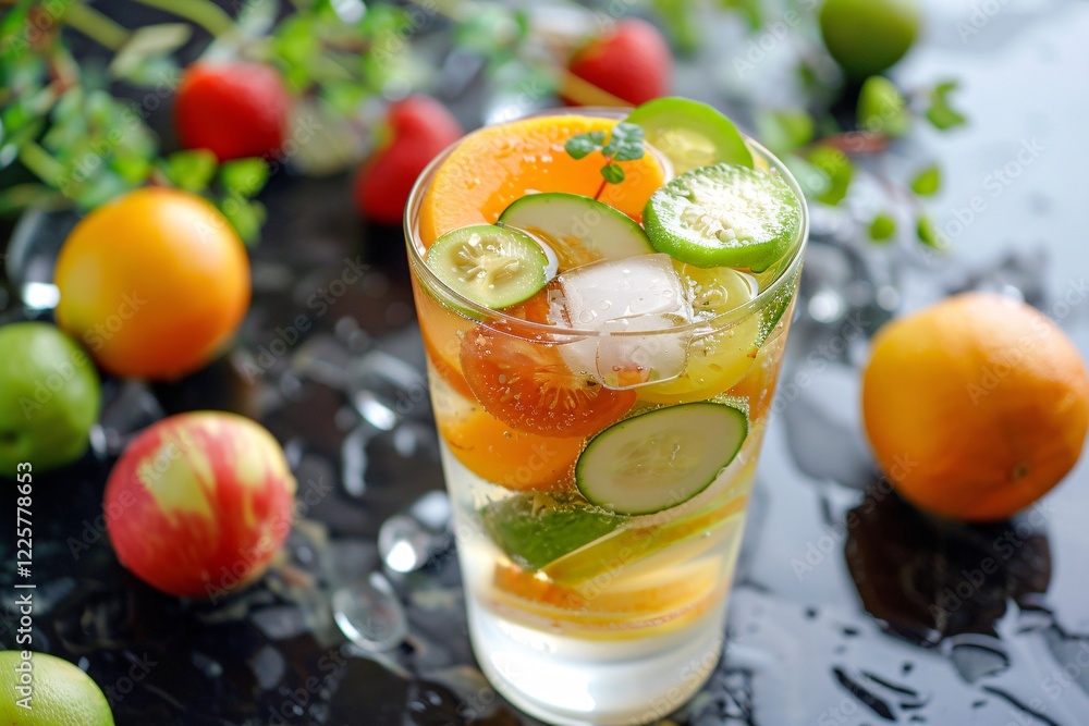 Poster refreshing summer drink with ice cubes and lots of fruits and vegetables on a table