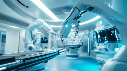 A high-tech medical bay inside a spaceship, with robotic arms performing delicate procedures