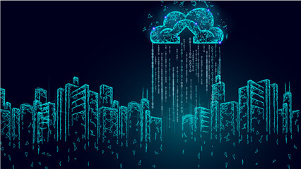 Obraz premium Cloud computing city skyline. Data rain digital city. Technology business solutions. Low poly wireframe neon style