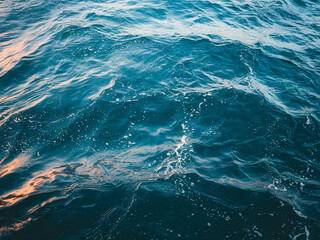 Fototapeta premium Close-up of the ocean's surface under a cloudy sky, featuring deep gray-blue waves with silvery reflections. White foam accents the dynamic water, blending shadowed depths