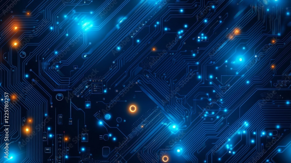 Poster brightly glowing ai chip on light circuit board on technology blue background. cpu processor or semi