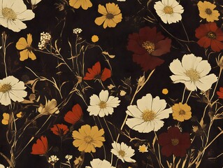 Dark Floral Seamless Pattern Autumn Cosmos Flowers