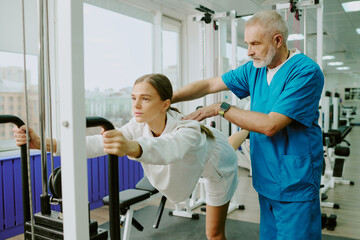 Medium close up of mature doctor fixing body pose during exercise while they in gym at rehab clinic