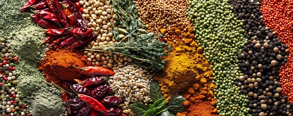 Aufkleber assorted mix of herbs and spices lay side by side, forming a diverse backdrop