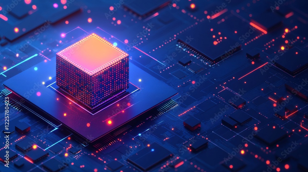 Poster brightly glowing ai chip on light circuit board on technology blue background. cpu processor or semi