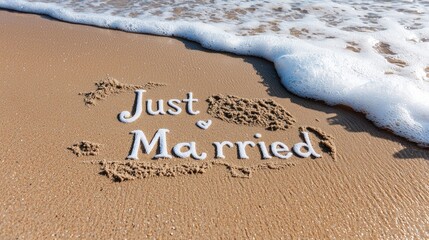 Fototapeta premium Beach wedding announcement, ocean wave, sand, honeymoon