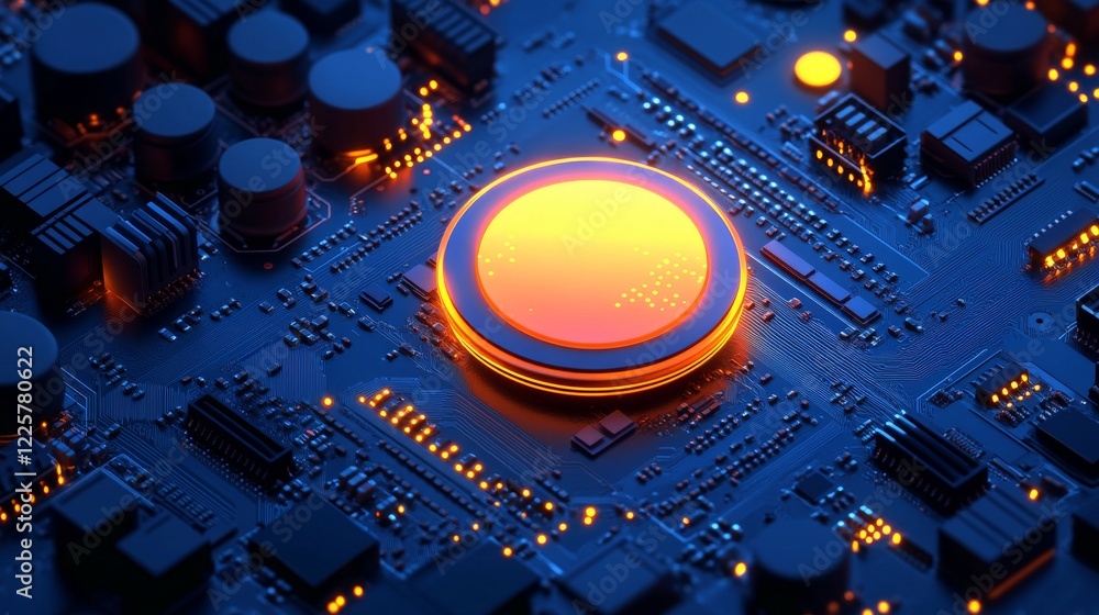 Poster brightly glowing ai chip on light circuit board on technology blue background. cpu processor or semi
