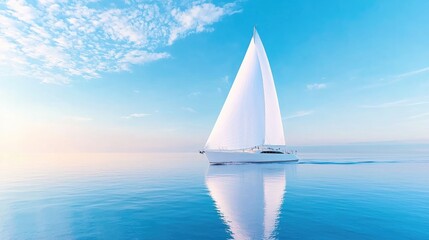 Obraz premium Sailboat glides across calm ocean at sunrise. Peaceful seascape for travel brochures