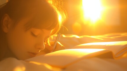 young girl writing with pen on open book in bright golden light focusing calmly with serene mood warm glow copyspace concept of education stationery tutoring