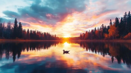Calm autumn sunset over tranquil lake, bird on water, forest background; nature photography
