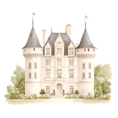 Fototapeta premium A charming chateau, a picturesque French-style country house, nestled amidst lush greenery. Its elegant architecture and tranquil setting evoke a sense of serenity and timeless beauty.