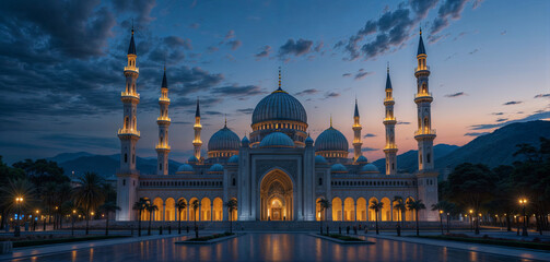 Fototapeta premium This stunning mosque features intricate domes and towering minarets, glowing softly against a twilight sky. Palm trees add to the beauty of the serene setting