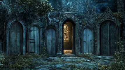 Obraz premium Group of closed doors and one opened to another world