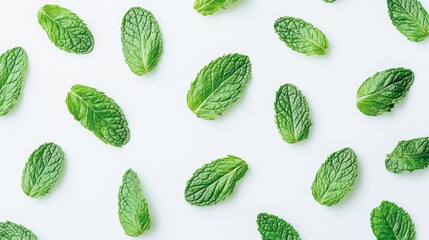 Texture and pattern of mint leaves isolated on a white background: set of peppermint, mint pattern, flat lay, top view.