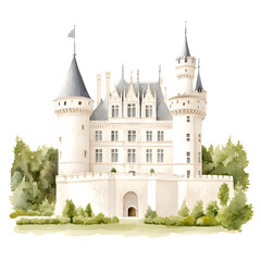 A majestic castle, with tall towers and a grand facade, sits serenely amidst lush greenery. Its elegant architecture and tranquil setting create a picturesque scene.