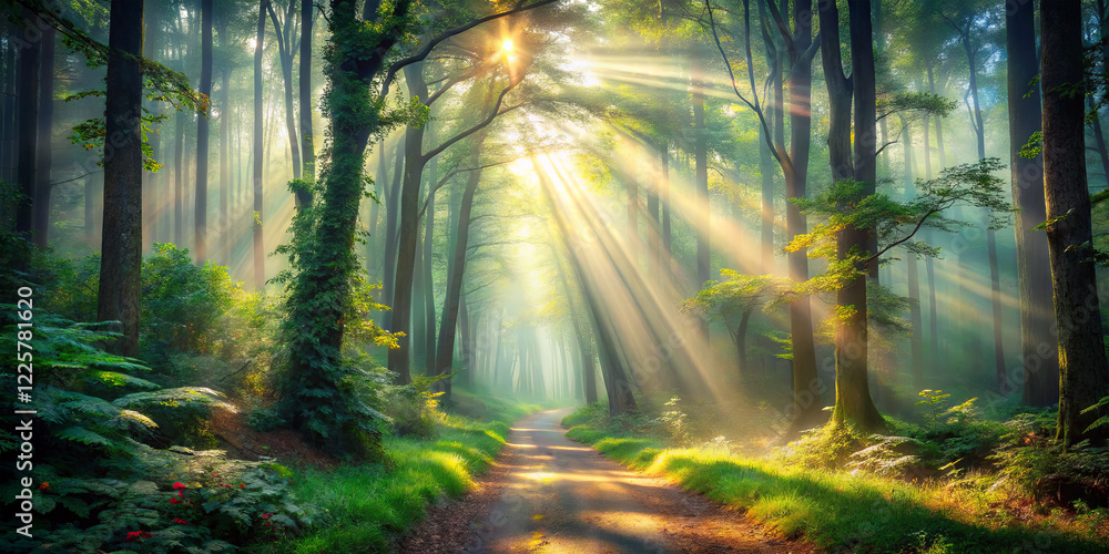 Poster soft rays of sunlight illuminate a tranquil path winding through a dense forest. vibrant greenery co