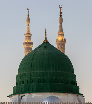 Beautiful view of The Green Dome of The Prophet Mosque, Al Masjid Al Nabawi, Al Madinah Al Munawwarah.