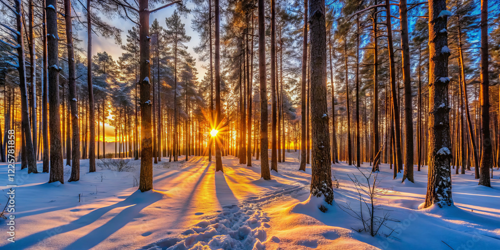Poster sunlight streams through the tall trees in a snowy forest at sunset, casting long shadows and creati