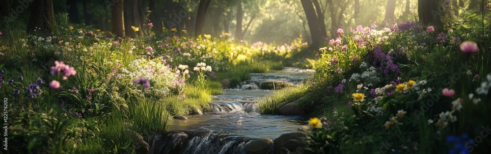 Poster a small stream gracefully flows through a vibrant forest, surrounded by lush greenery and an array o