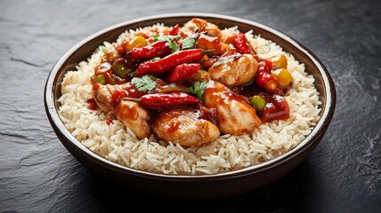 Schezwan Chicken or Dragon Chicken with basmati rice at black slate background Szechuan Chicken is popular indo-chinese spicy dish with chilli peppers chicken and vegetables