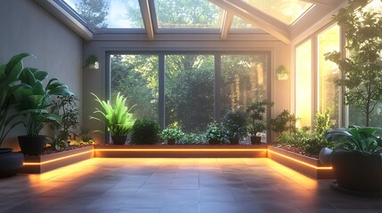 Obraz premium A sunroom with glowing corner planters and radiant ceiling skylights
