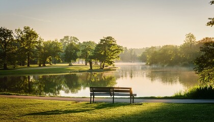 Obraz premium 호수 옆 벤치와 잔디밭이 조화를 이루는 도시 공원 풍경