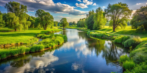 Fototapeta premium Calm river flows through vibrant green fields under a blue sky filled with fluffy white clouds. Trees line the banks, creating a tranquil outdoor atmosphere during sunset