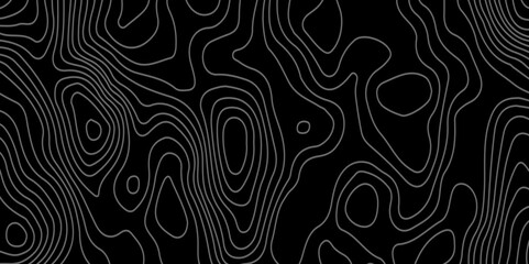 The grey white on black contours vector topography stylized height of the lines. The concept of a conditional geography scheme and the terrain path. Ultra wide. Map vector terrain Illustration.  