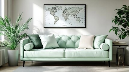 Stylish scandinavian living room with design mint sofa furnitures mock up poster map plants and elegant personal accessories Modern home decor Bright and sunny room Template Ready to use