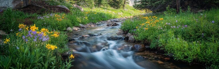 Fototapeta premium A gentle stream meanders through a vibrant forest, surrounded by blooming wildflowers in a peaceful setting. Sunlight filters through the trees, creating a tranquil atmosphere